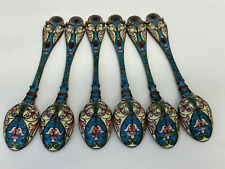Set of 6 antique Russian silver 84 cloisonne shaded enamel spoons by N. Alexeyev picture