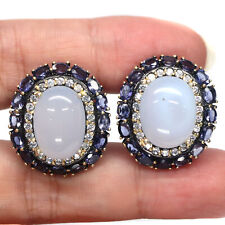 12 X 16 MM. Lavender Chalcedony Iolite & Zircon Earrings 925 Sterling Silver picture
