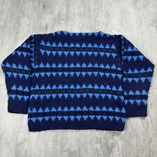 VTG 60S 70S BOAT NECK HAND KNIT ADULT M/L BLUE ABSTRACT ACRYLIC SWEATER RETRO picture