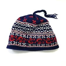 Vintage Stowe Woolens Knit Wool Beanie Hat Winter Cap Blue Red White Tassel picture