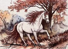 ORIGINAL Hand Painted Pen and Watercolor Art Card ACEO White Horse with Red Mane picture