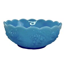 ANTIQUE VALLERYSTHAL FRENCH BLUE OPALINE GLASS GRAPE LEAVES BOWL SCALLOPED 7” picture