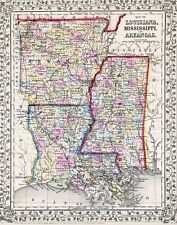 ORIGINAL 1867 Map LOUISIANA ARKANSAS MISSISSIPPI Railroads Townships NEW ORLEANS picture