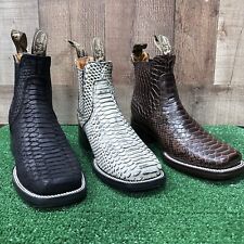 MEN'S LEATHER PYTHON PRINT WESTERN STYLE COWBOY RODEO SLIP ON ANKLE-SQUARE BOOTS picture