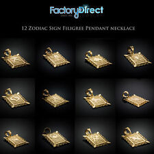 12 Horoscope Zodiac Sign Filigree Square 10k or 14k Yellow Gold Pendant Necklace picture