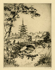 ANTON SCHUTZ, 'LAKE AND PAGODA AT NARA', signed etching, JAPAN, 1928. picture