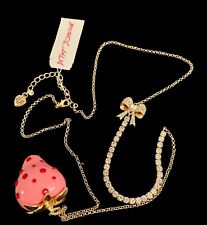 NWT Betsey Johnson Gold Plated Crystals Strawberry Long Necklace Pink Babycakes picture