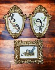 3-piece vintage style gold mini ornate framed watercolor original Bird painting picture