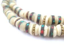 Vintage Inlaid Bone Mala Beads 6mm Nepal Multicolor Round 21 Inch Strand picture