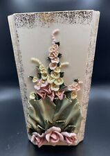 Vintage Unique Ivory Bisque Porcelain Vase Raised Flowers Gold Trim  8” picture