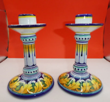 CERAMICA FIMA Deruta Italian Hand-Painted Floral Striped Candlesticks Set of 2 picture