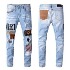 Men's Ripped Embroidery Patchwork Stretch Ripped Leopard Skinny Fit Denim Jeans picture