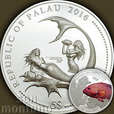 2016 Palau $5 - CORAL HIND FISH - Marine Life Protection SILVER Mermaid Coin picture
