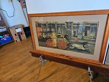 Nice fire themed print cherry frame 1960s vintage great imagery  27 x16 picture