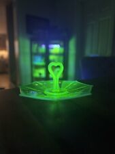 🧪RARE🧪 Vaseline Uranium Glass Tidbit Tray Canape Plate Heart Shape Handle picture