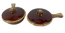 HULL Covered Soup Bowls w/Handle & Lid Oven Proof Brown Drip Glaze Set of 2 USA picture