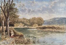 Original Signed Antique Watercolor English Landscape Woman by River Arun Sussex picture