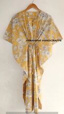 Women Summer Cotton Hippie Sleepwear Floral Print Gold Long Maxi Caftan Dress picture