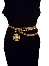 Vintage ACCESSOCRAFT Gold Faux Pearls Maltese Cross Multi Chain Link Belt 14 oz picture