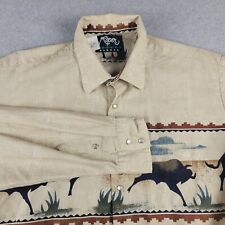 Vintage Roper Border Shirt Mens Large Tan Western Bulls Buffalo Print Pearl Snap picture