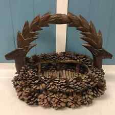 Vtg Handmade  Pine Cone & Twig Basket With Carved deer antler handle 14” x 10” picture