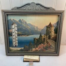 Vtg 1933 Mediterranean Home Lake Mountains Ad Thermometer ORNATE Frame WORKS picture