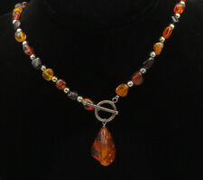 925 Sterling Silver - Vintage Amber Shiny Beaded Chain Necklace - NE3257 picture