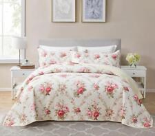 3 Pieces Floral Quilt Set Beige Pink Rose Print Shabby Chic Bedspread Coverlet picture