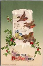 Vintage Winsch BEST NEW YEAR WISHES Embossed Postcard Robin Birds / Dated 1912 picture