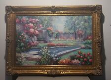 Original SIGNED P. Taylor Canvas Painting Stunning Flowers Garden Colorful Frame picture