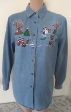 Vintage Karen Scott Christmas Holiday Embroidered Denim Shirt Button Up Petite M picture