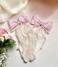 HANDMADE JAPANESE STYLE KAWAII HAIR CLIPS SET /PINK PLAID & LONG ORGANDY BOW picture