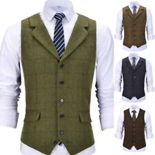 Mens Tweed Wool Vest Retro Windowpane Plaid Vintage Formal Vests M Large XL XXL picture