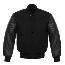 Varsity Letterman Solid Black wool Genuine Leather Sleeves bomber college Jacket picture