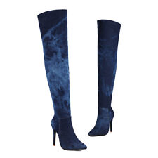 Womens Stilettos Heels Pointy Toe Denim Side Zipper High Over Knee Boots Shoes picture