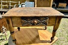 Antique Primitive Wooden Table STOOL Country Rustic Farmhouse Drawer Hand Carved picture