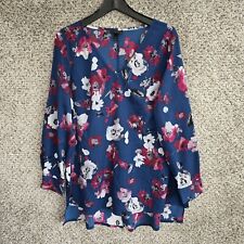 Lane Bryant Top Womens Plus 14/16 Blue Floral Print Roll Tab Sleeve V-Neck picture