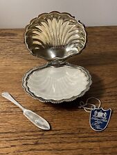 Vintage Silverplate Clam Shell Shaped Butter Server Dish w/Glass Insert & Knife picture