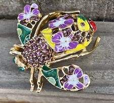 Vintage Purple Flower Bee Insect Bug Crystal Glass Rhinestone Large Brooch Pin picture
