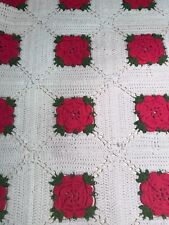 Vintage Rose Granny Square Fringed Hand Crocheted Throw. White, Red And Green 3D picture