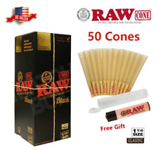 Authentic RAW Black 1 1/4 Size Pre-Rolled Cone 50 Pack & Free Clipper Lighter picture