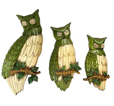 Vintage 1969 Sexton Cast Metal Perched Owls On Branches Wall Hangings Set Of 3 picture