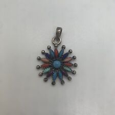 Vintage Southwest Sterling Silver Multi Stone Needlepoint Flower Pendant picture