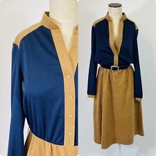 Vintage 60s 70s Kay Windsor Dress M/L Women Color Block Navy Tan Shirt Fit Flare picture