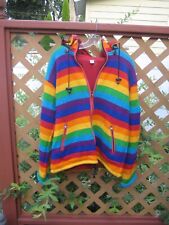 Rainbow Pride Stripe Hippy Hoodie Jacket Size Medium Mens 100% Wool Nepalese picture