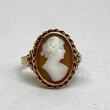 Antique Ring Genuine Carved Shell Cameo 10K Gold Peach Oval US Size 6 Dainty picture