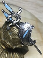 Estate ANTIQUE Victorian Forget-me-Not Blue Enamel Seed Pearl Sword Pin Pendant picture