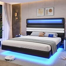 Floating Bed Frame with Tall Headboard & LED Lights PU Leather Upholstered Bed picture