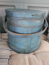 Early Primitive Wooden Firkin Sugar Bucket In Blue picture