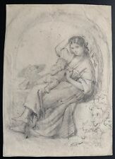 Original Antique Pre-Raphaelite ca. 1850 Pencil Drawing of Mother and Child picture